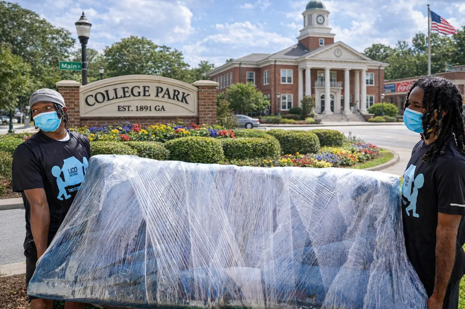 Professional movers in College Park GA carrying wrapped furniture near downtown city hall