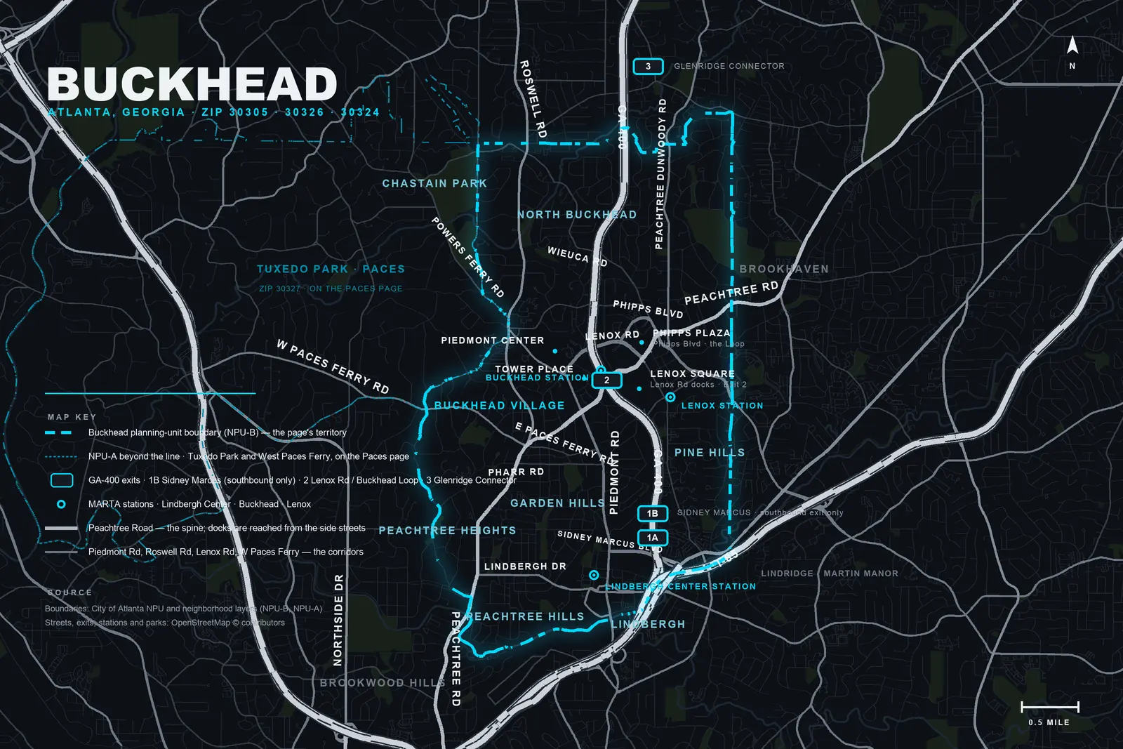 Map of the Buckhead planning-unit boundary (NPU-B) in Atlanta showing GA-400 exits 1B, 2 and 3, the Lindbergh Center, Buckhead and Lenox MARTA stations, Peachtree Road, Piedmont Road, Roswell Road, Lenox Road and West Paces Ferry Road, with Tuxedo Park and West Paces Ferry outside the line.