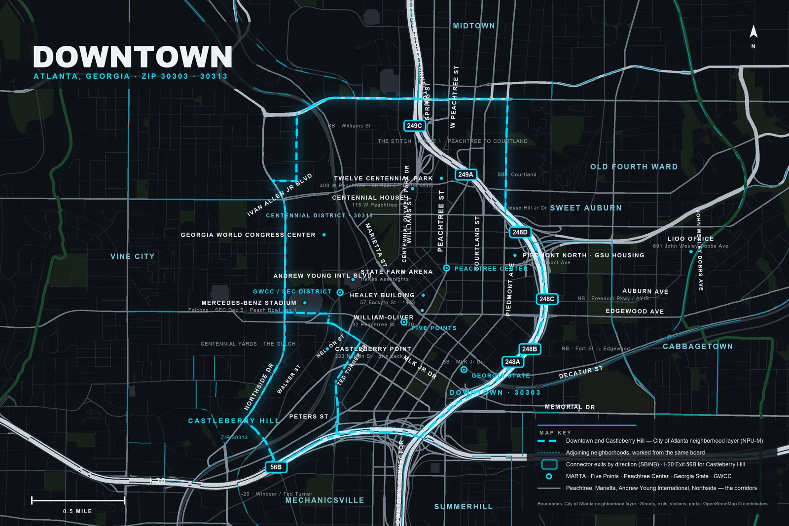 Map of the Downtown Atlanta and Castleberry Hill neighborhood boundaries (City of Atlanta layer) showing the Downtown Connector exits 249C, 249A, 248D, 248C, 248B, 248A and 246 with their directions, I-20 Exit 56B, the Five Points, Peachtree Center, Georgia State and GWCC MARTA stations, Mercedes-Benz Stadium, State Farm Arena, the Georgia World Congress Center, Twelve Centennial Park, Centennial House, the Healey and William-Oliver buildings, Castleberry Point, the Piedmont North student housing, The Stitch and Centennial Yards work zones and the LIOO Moving office on John Wesley Dobbs Avenue, with Sweet Auburn, Old Fourth Ward, Midtown, Vine City, Mechanicsville and Summerhill around them.