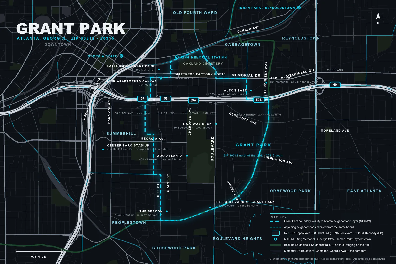 Map of the Grant Park neighborhood boundary in Atlanta (City of Atlanta layer, NPU-W) showing I-20 exits 57 Capitol Avenue, 58 Hill Street, 59A Boulevard and 59B Bill Kennedy Way, the King Memorial and Georgia State MARTA stations, Zoo Atlanta, the Grant Park Gateway deck, The Beacon, Center Parc Stadium, the BeltLine Southside and Southeast trails, and the Memorial Drive, Boulevard, Cherokee Avenue and Georgia Avenue corridors, with Cabbagetown, Reynoldstown, Summerhill, Peoplestown, Ormewood Park and Boulevard Heights around it.