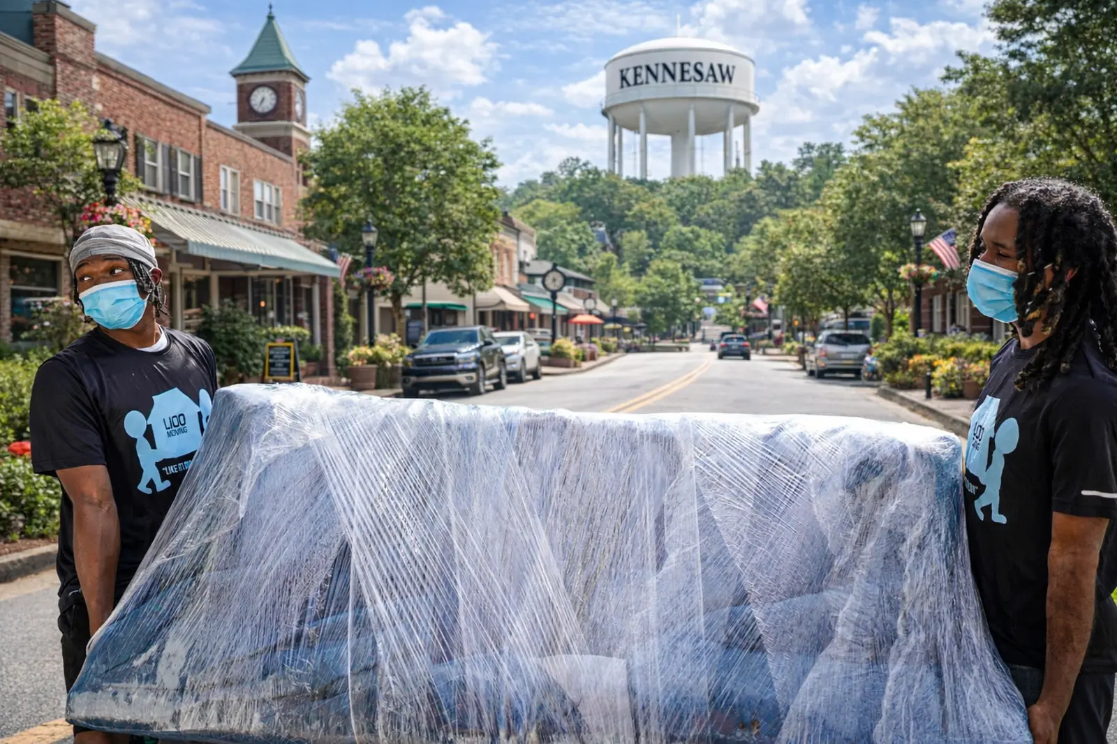 LIOO Moving movers carrying a wrapped couch in downtown Kennesaw, GA during a residential move