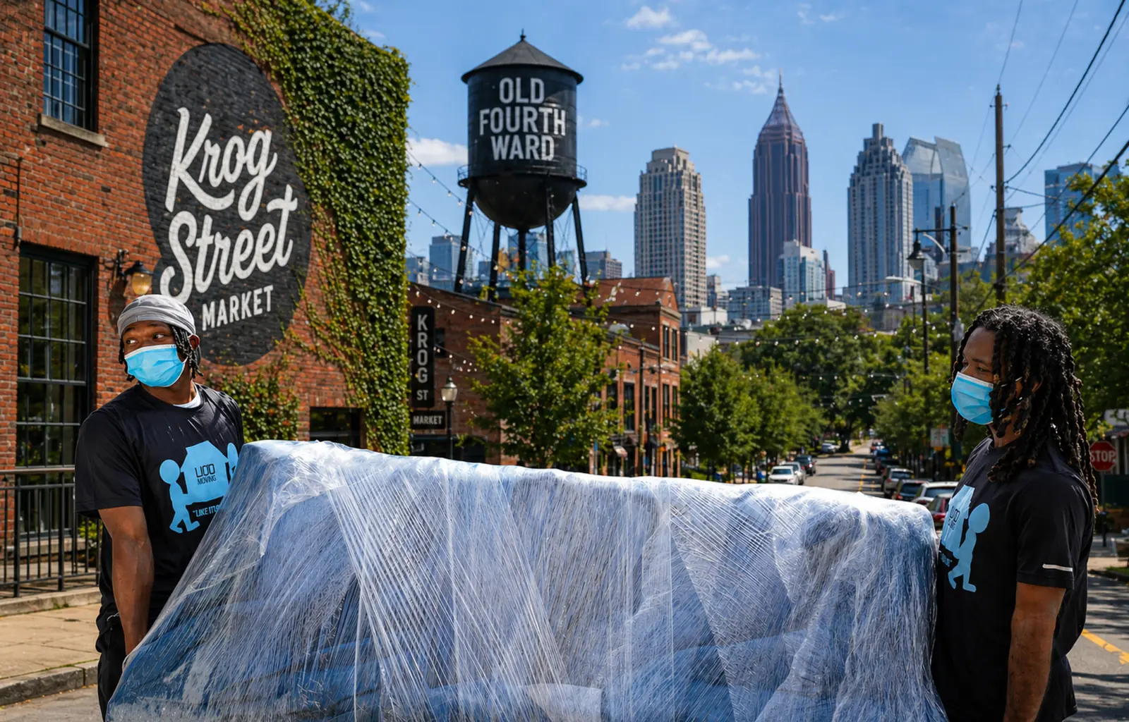 Two LIOO Moving movers carry a plastic-wrapped couch on a street in Atlanta's Old Fourth Ward, with a mural, historic water tower, and the city skyline behind them