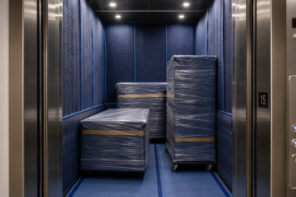 Protected elevator with wrapped furniture prepared by Atlanta apartment movers during a high-rise relocation