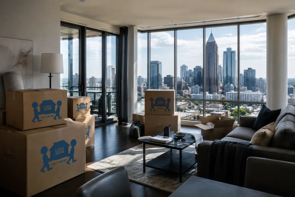 Professional Atlanta apartment movers handling a luxury high-rise condo relocation with packed moving boxes