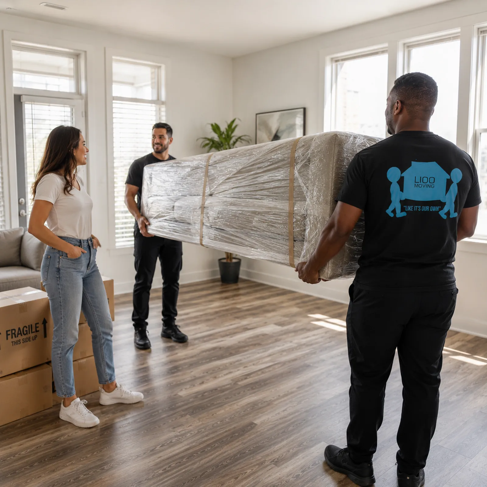 LIOO Moving residential crew carrying a wrapped mattress during an Atlanta home move