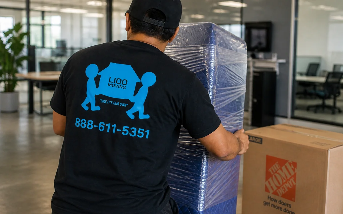 LIOO Moving crew member transporting a wrapped office desk during a commercial move in Atlanta, GA