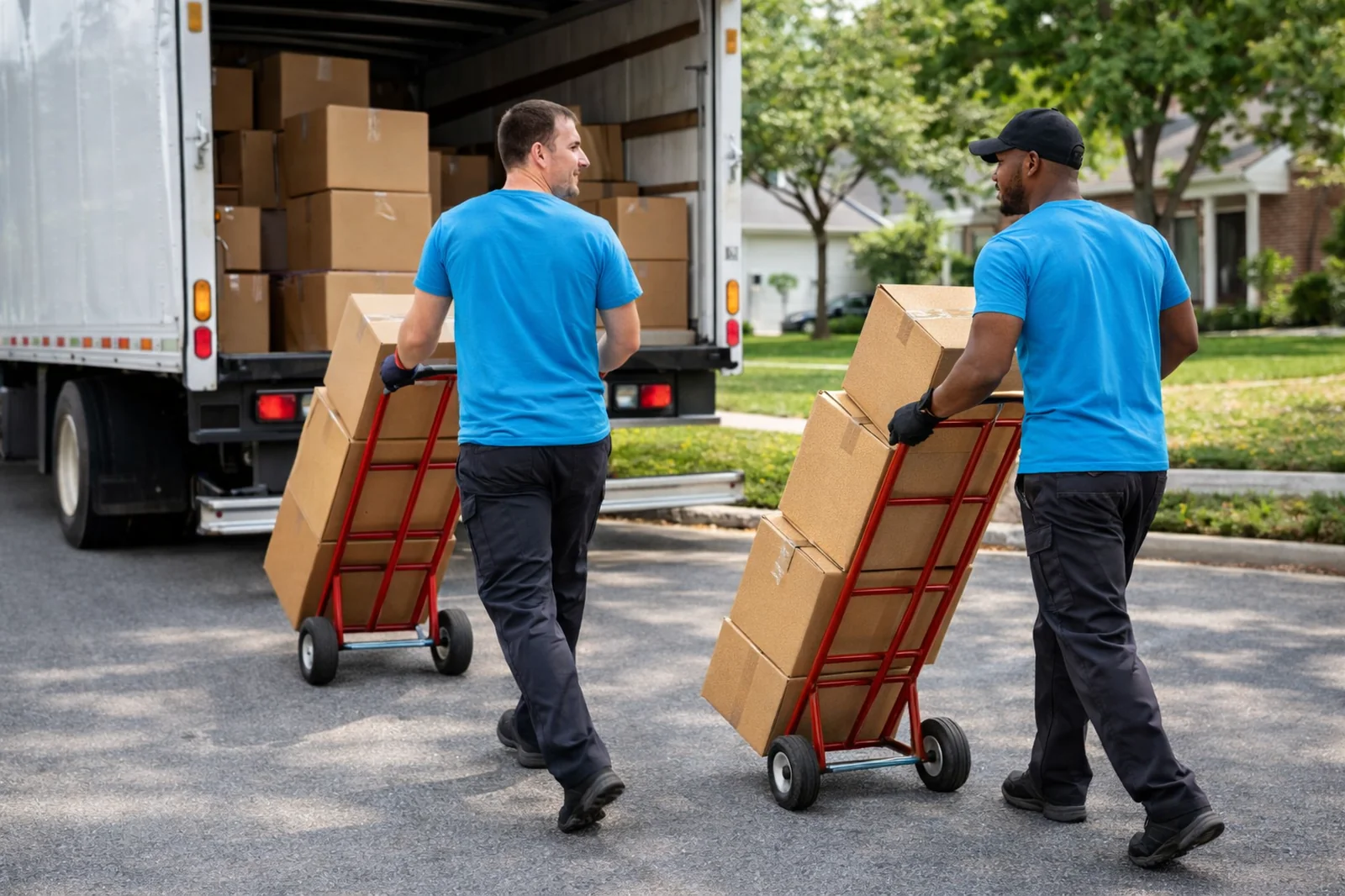 LIOO Moving crew dollying packed boxes into a moving truck outside a residential home in Atlanta, Georgia