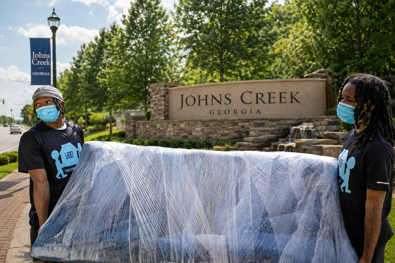 LIOO Moving crew carrying a wrapped couch during a residential move in Johns Creek, Georgia