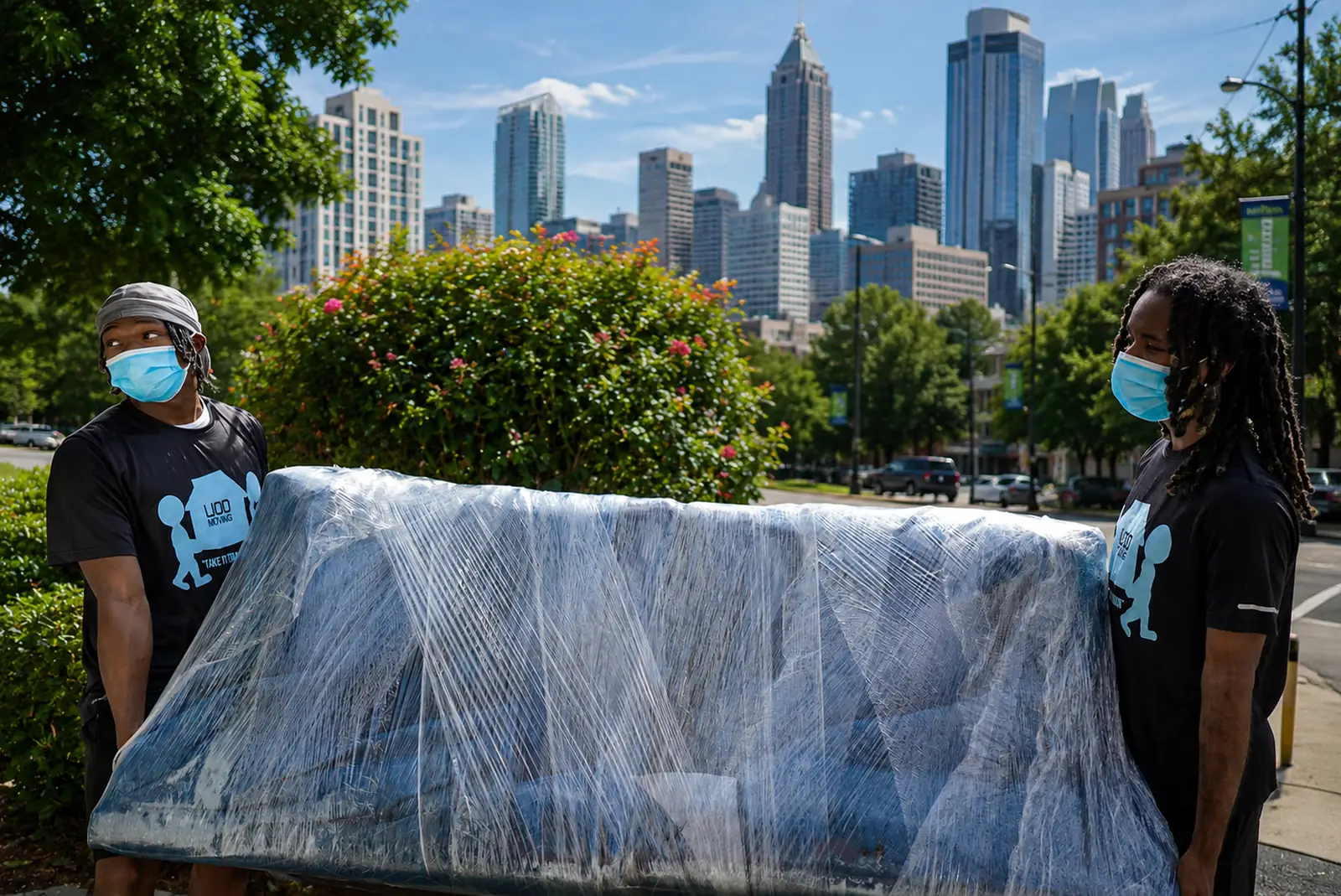 LIOO Moving crew carrying a plastic-wrapped couch during a residential move in Midtown Atlanta