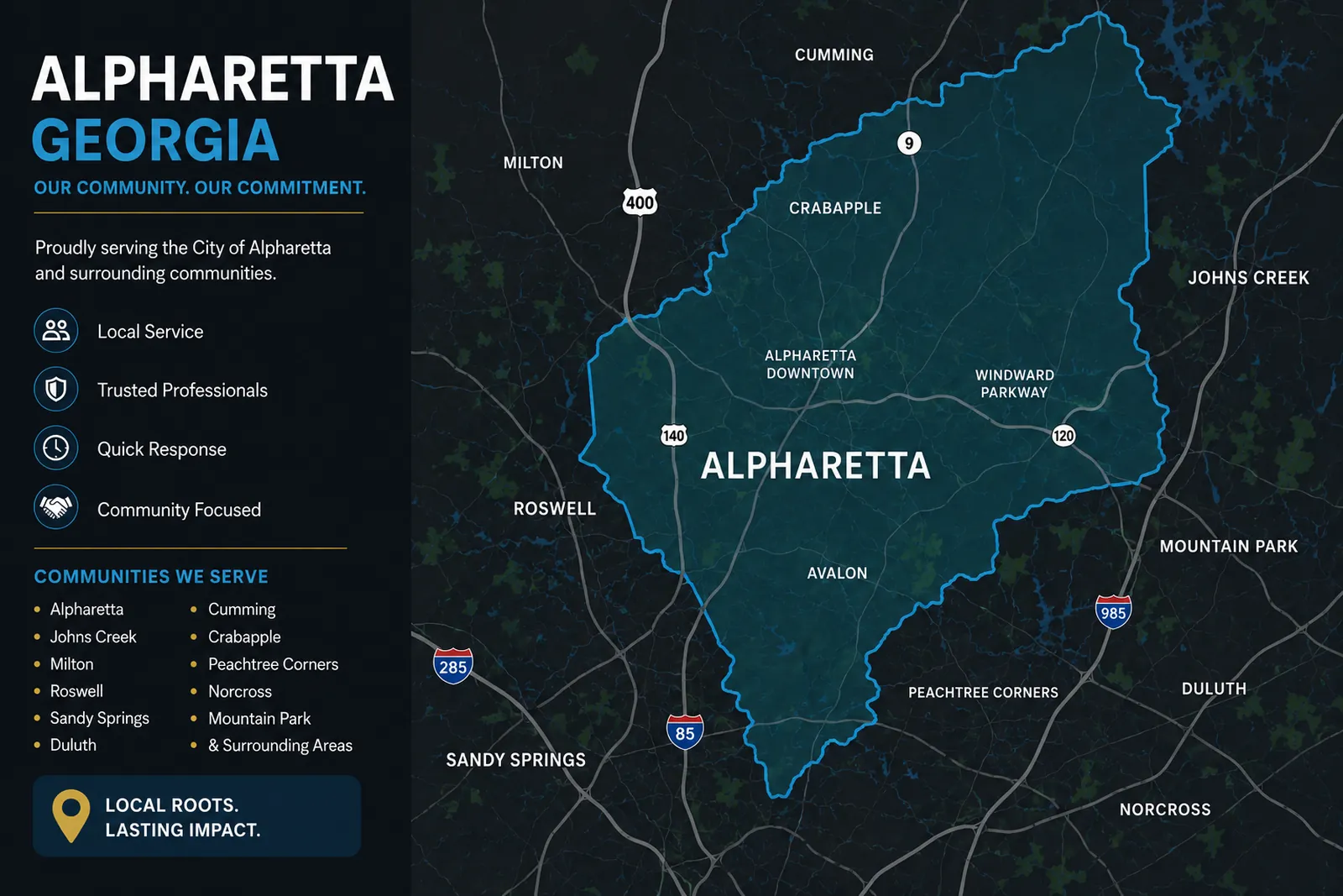 Service area map highlighting Alpharetta and nearby communities served by local movers.