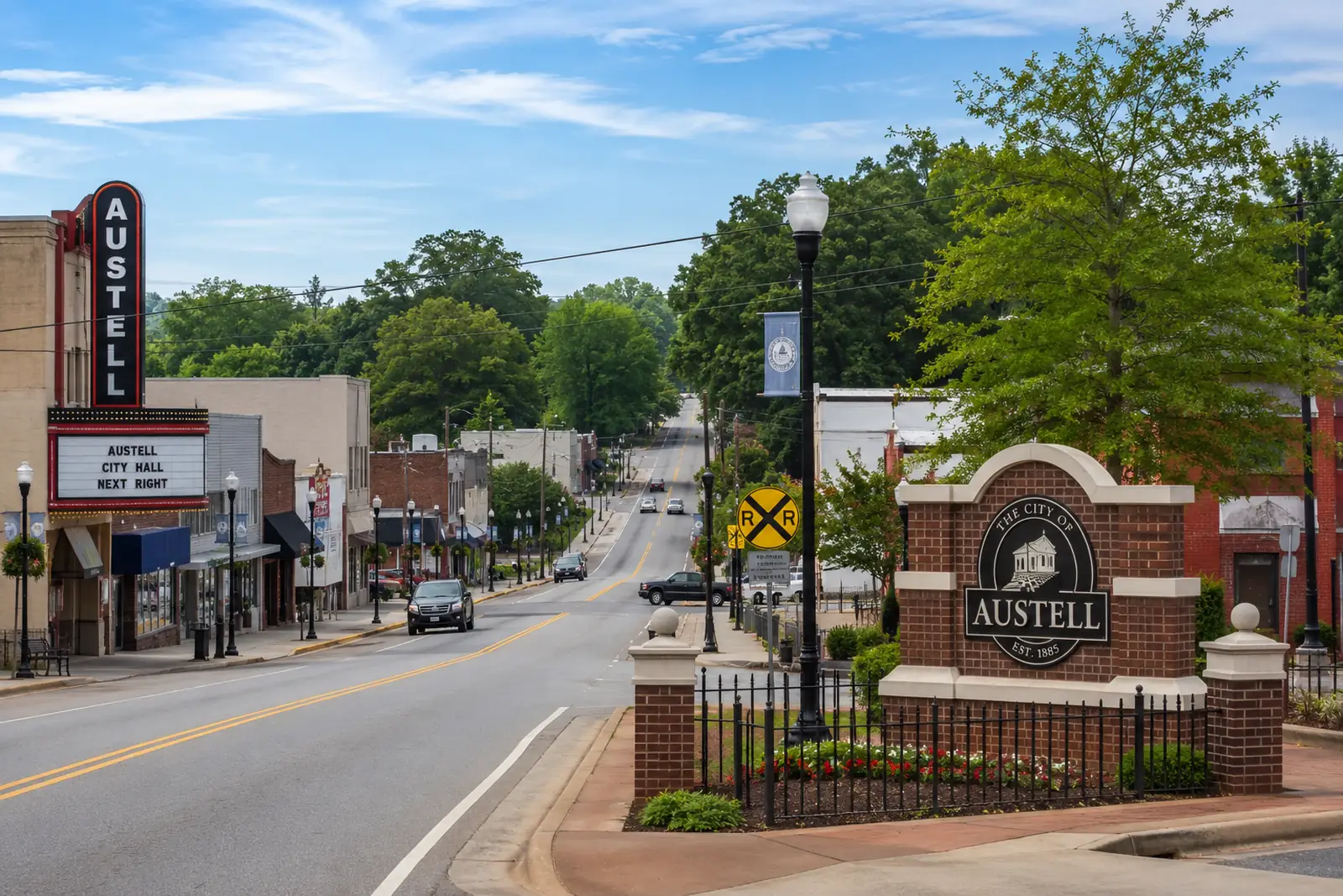Downtown Austell, Georgia streetscape featuring the historic Austell sign and city center served by local movers