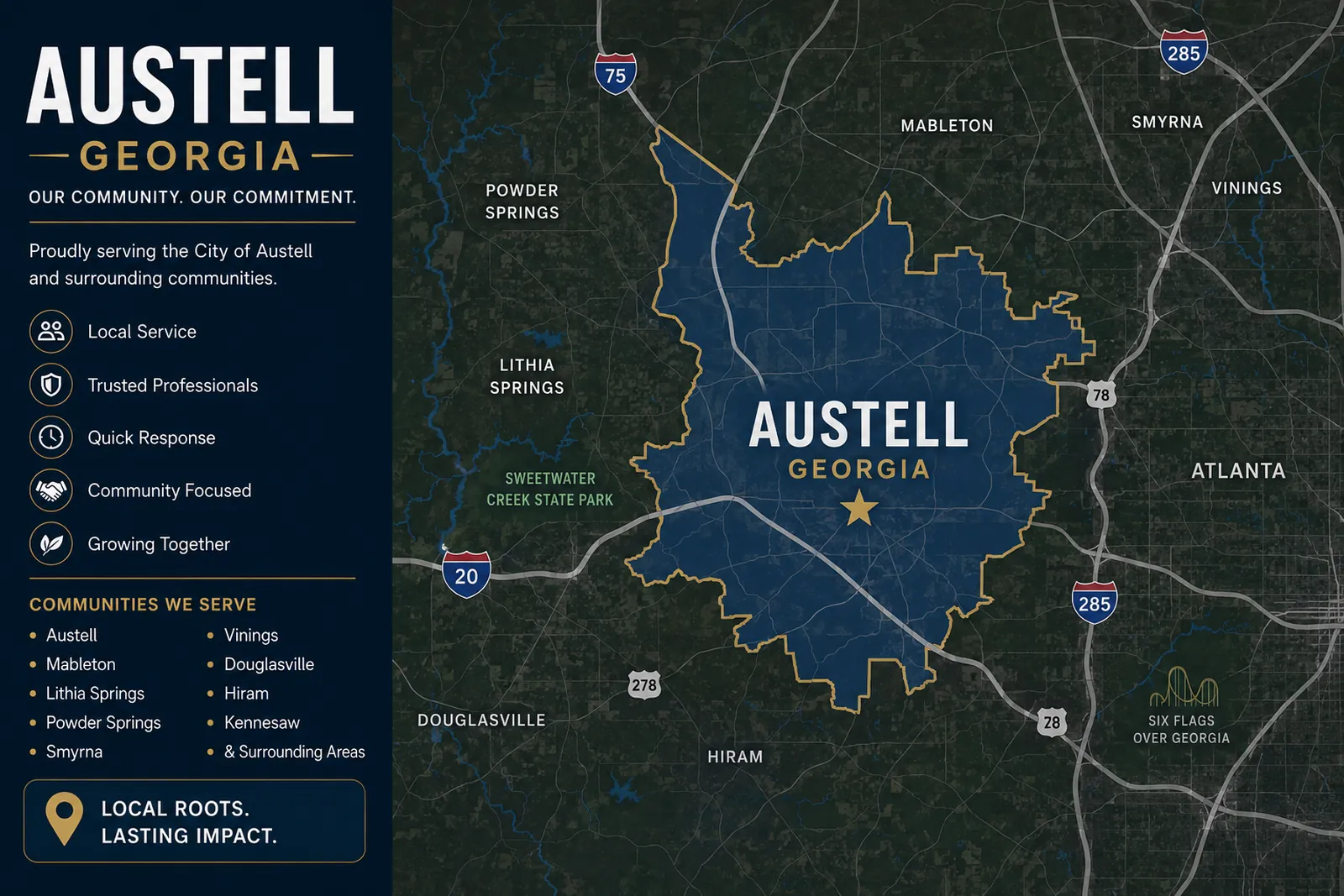 Service area map showing Austell movers coverage across Austell, Lithia Springs, Mableton, Smyrna, and nearby communities in Georgia