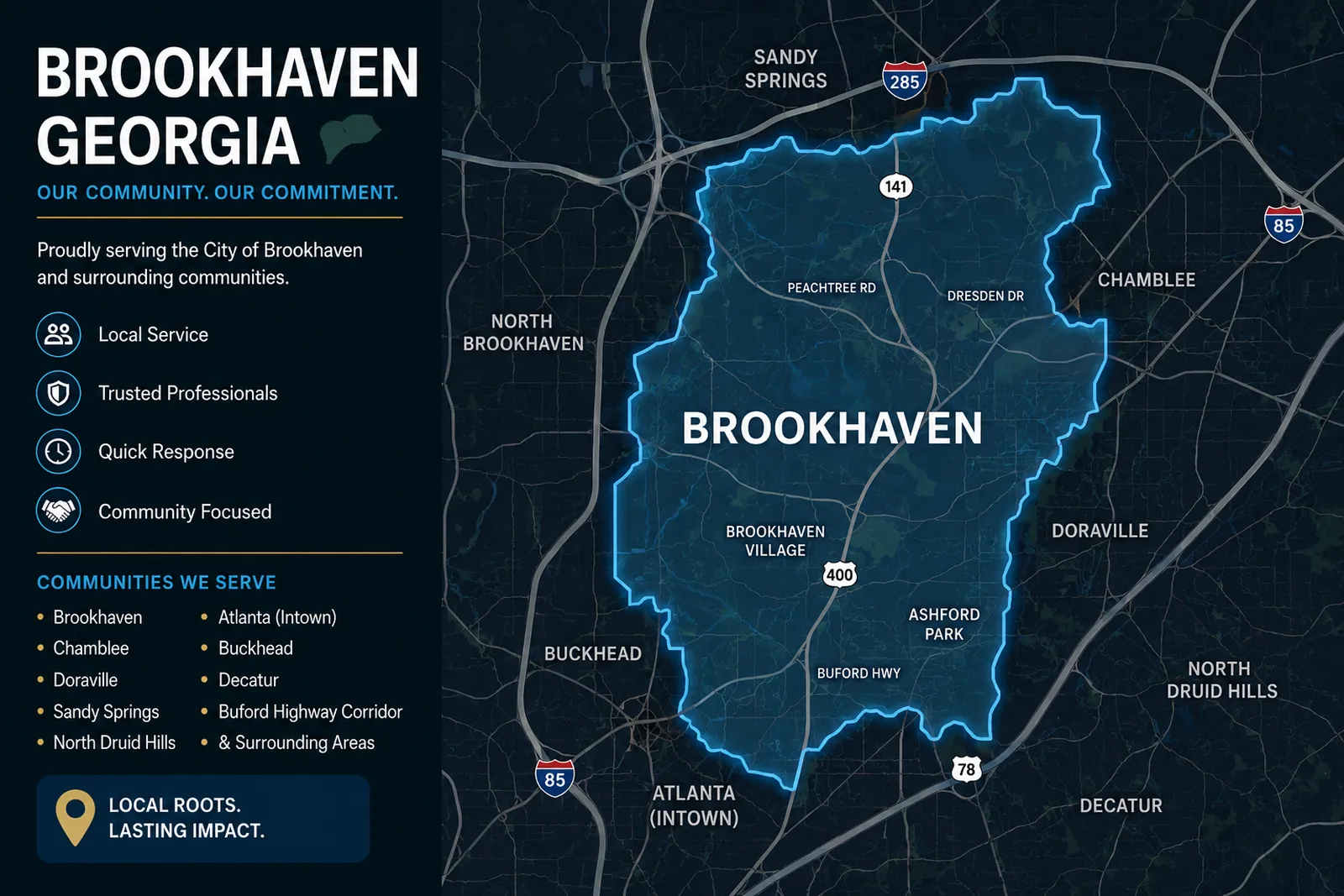 Map illustrating the Brookhaven service area and surrounding community boundaries in Georgia.