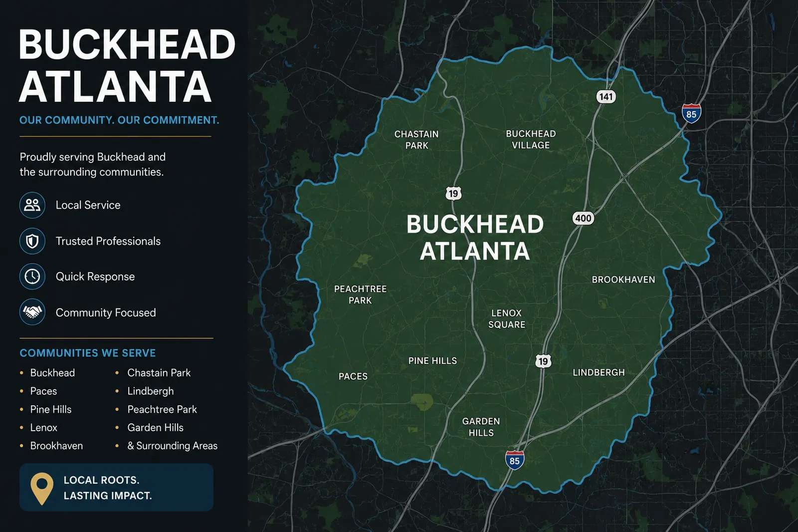 Buckhead Atlanta moving company service area map showing Buckhead neighborhoods and surrounding communities served