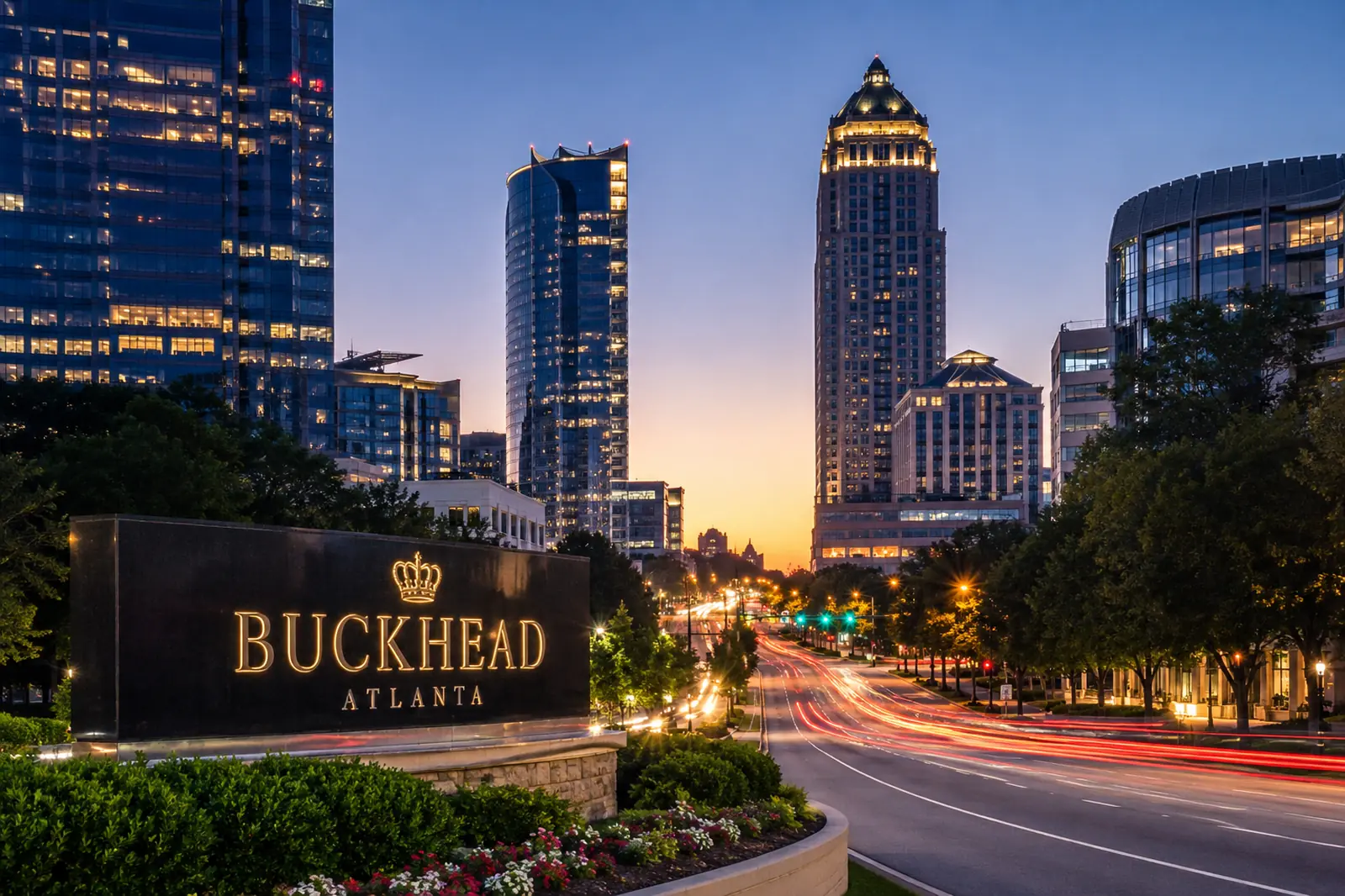 Buckhead Atlanta skyline and landmark sign along Peachtree Road in the heart of Buckhead's moving district