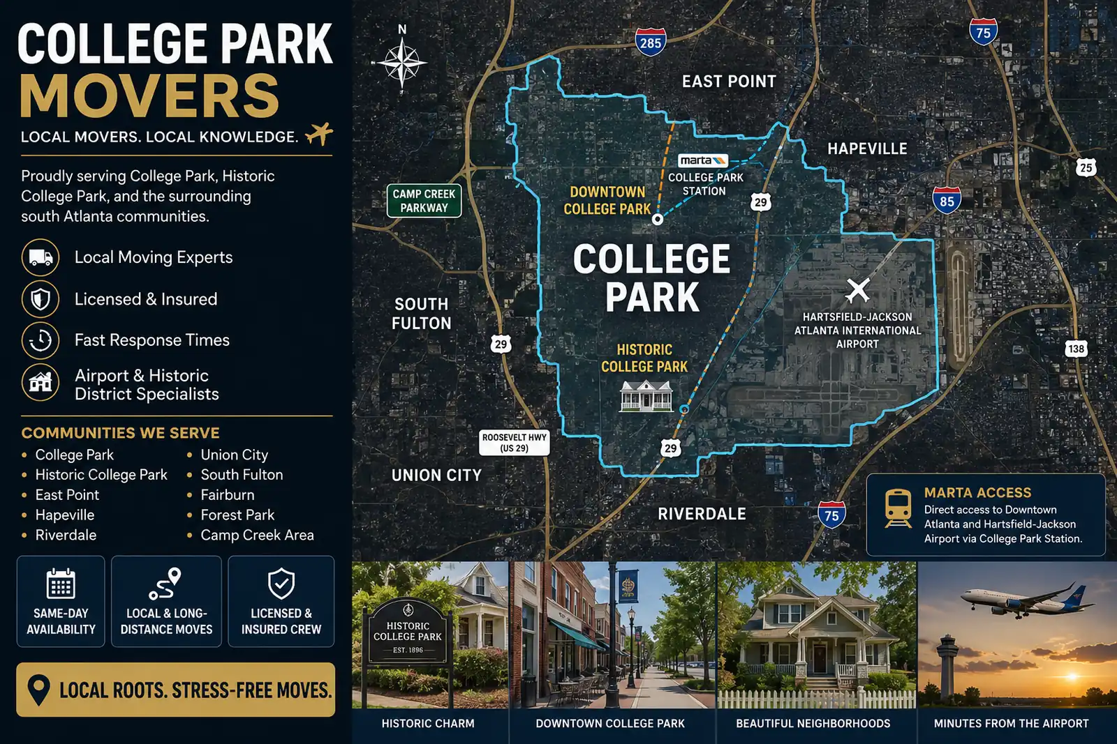 Service area map for College Park movers showing Historic College Park, MARTA Station, airport access, and nearby communities