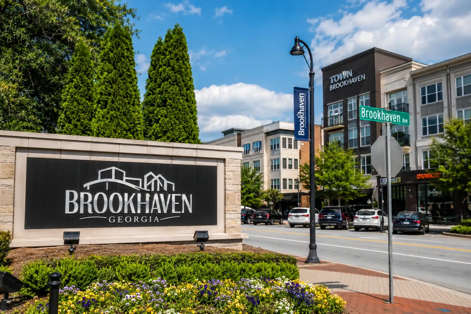 Brookhaven entrance monument sign beside a walkable mixed-use district in Brookhaven, Georgia.