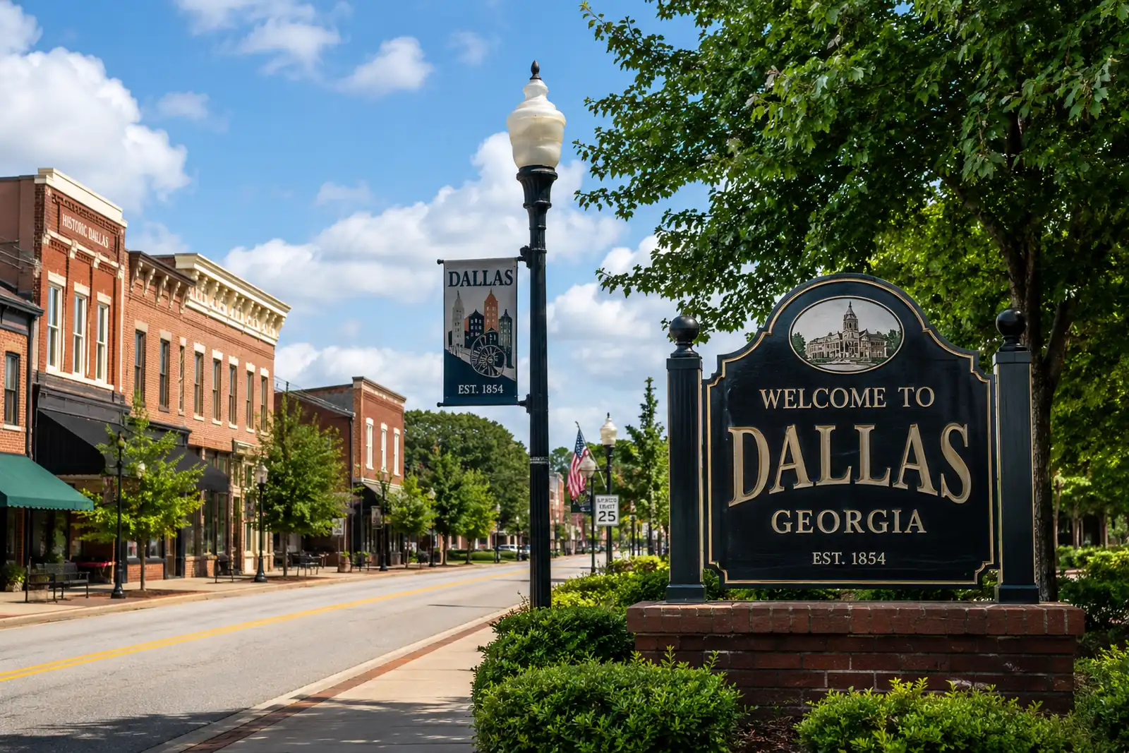 Historic downtown Dallas, Georgia streetscape representing the local community served by Dallas GA movers and relocation services.
