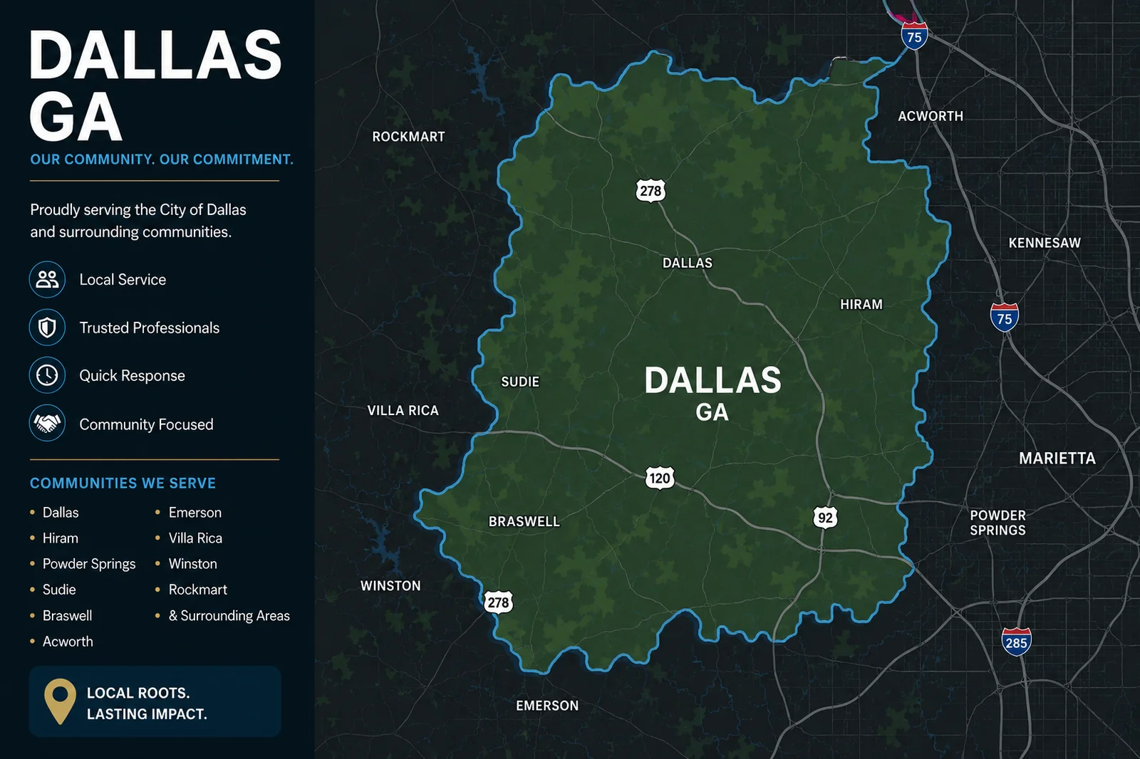 Dallas, GA movers service area map highlighting Dallas and nearby communities served throughout Paulding County.