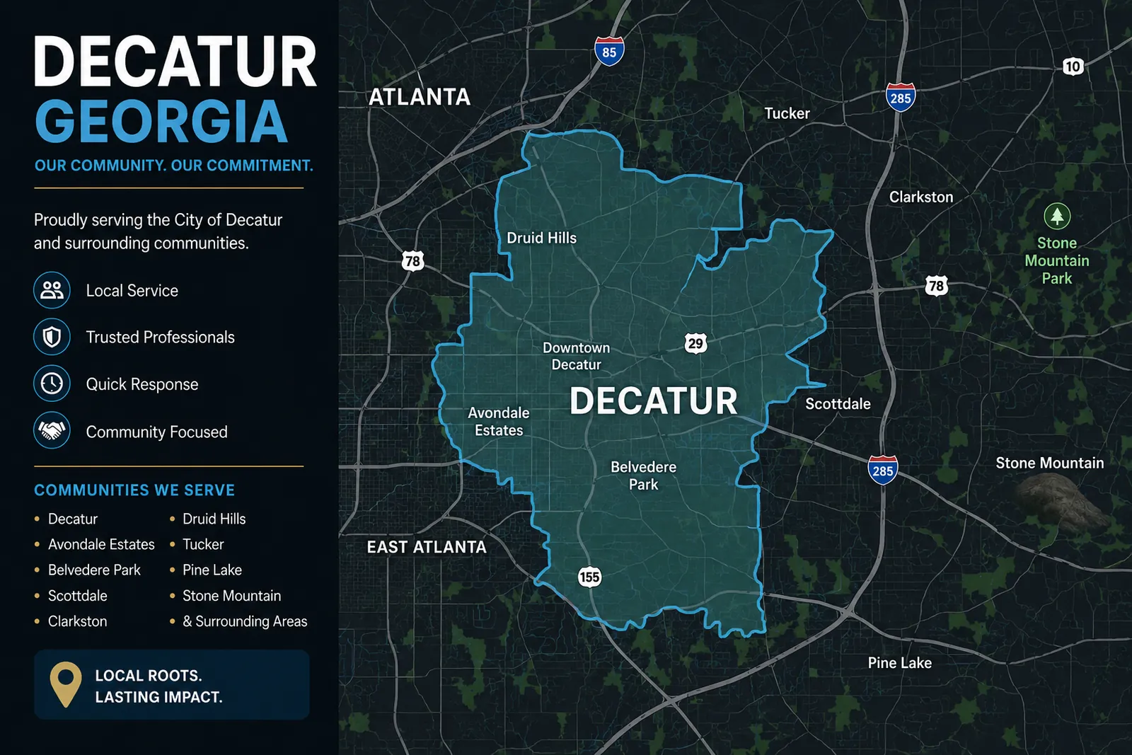 Map highlighting the Decatur service area and surrounding road network in Decatur, Georgia.