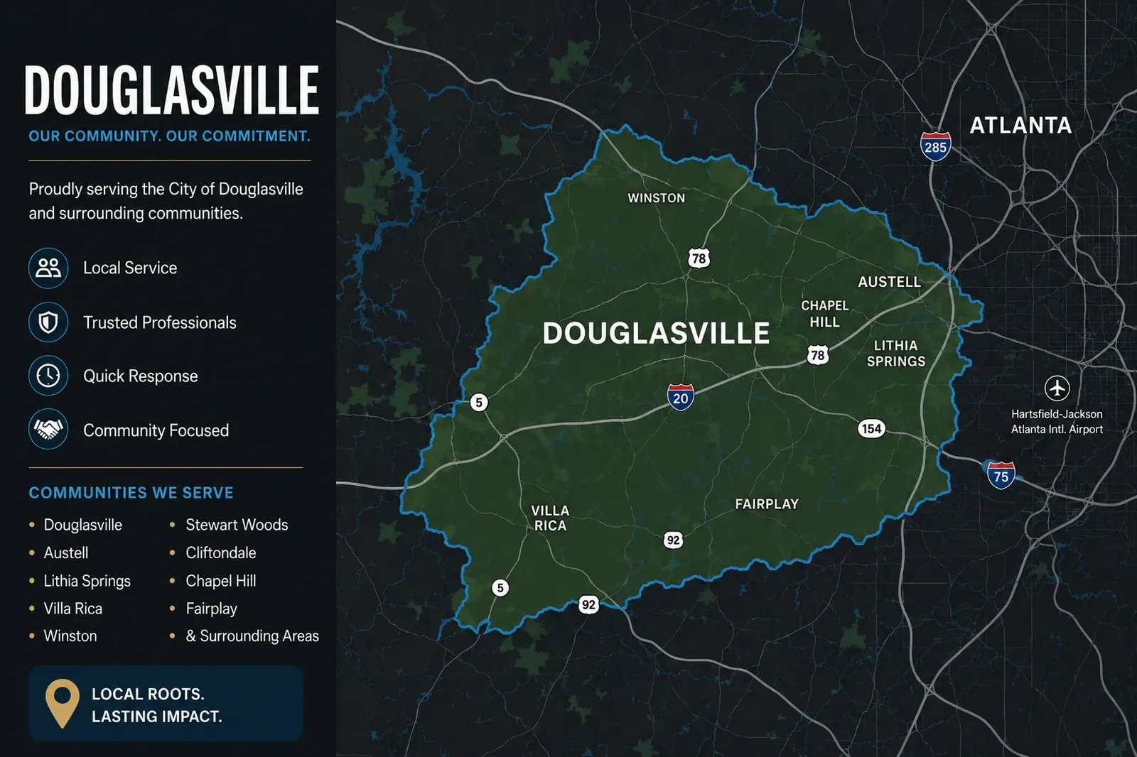 Douglasville movers service area map showing Douglasville, Austell, Lithia Springs, Villa Rica, and surrounding Georgia communities