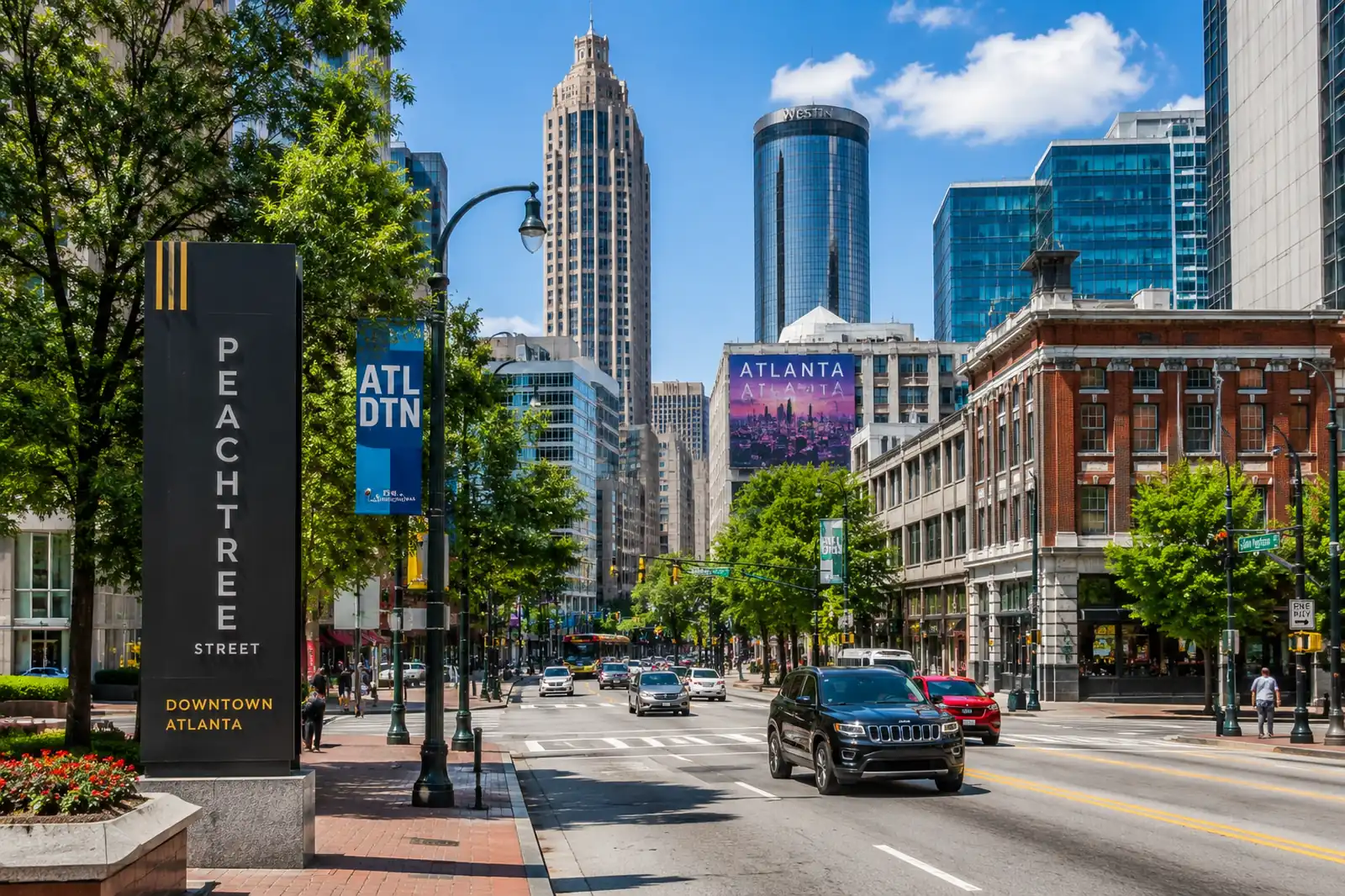 Street-level view of Peachtree Street in Downtown Atlanta near apartment, office, and commercial moving destinations
