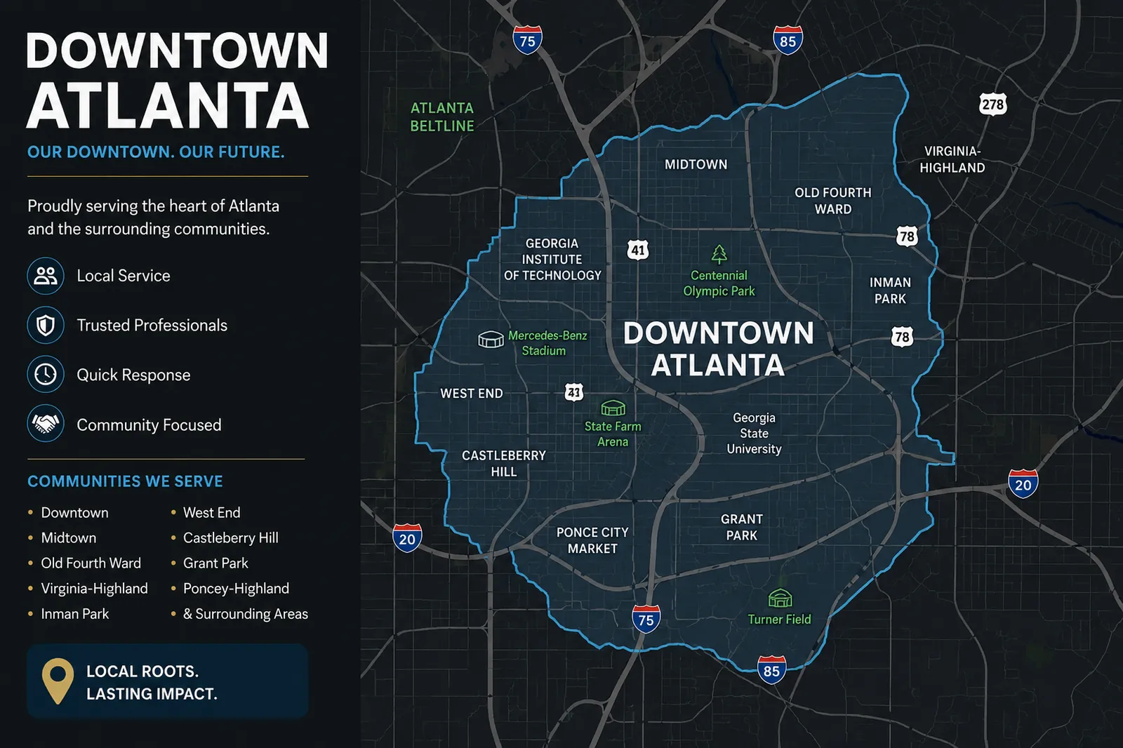 Downtown Atlanta movers service area map highlighting neighborhoods, landmarks, and local moving coverage throughout Atlanta