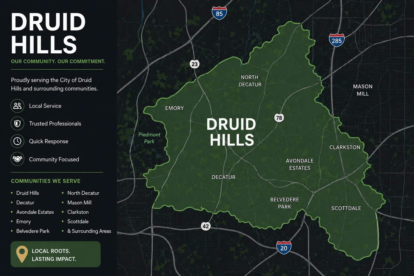 Service area map showing Druid Hills, Decatur, Emory, North Decatur, and nearby communities served by Druid Hills movers