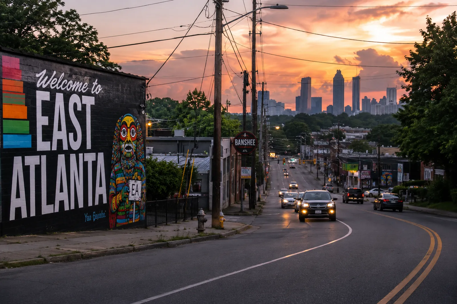 East Atlanta neighborhood streetscape with mural, local businesses, and Atlanta skyline at sunset in Atlanta, Georgia.