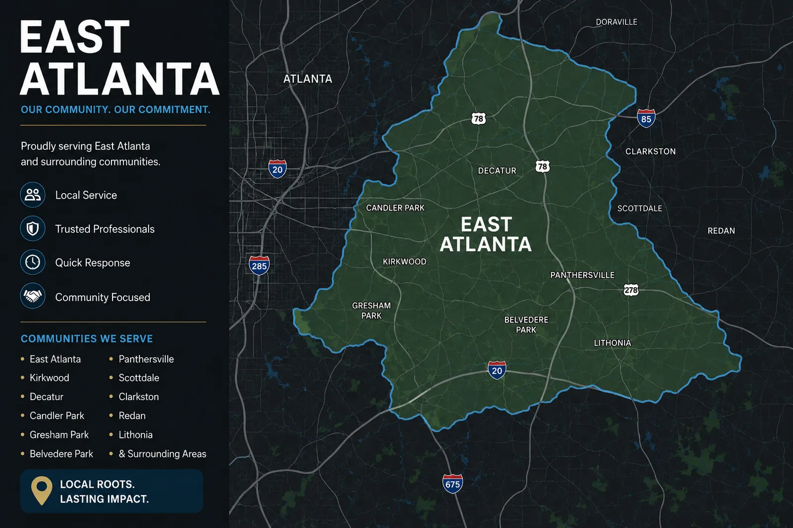 East Atlanta movers service area map showing East Atlanta, Kirkwood, Decatur, Candler Park, Gresham Park, Belvedere Park, Panthersville, Scottdale, Clarkston, and surrounding communities.