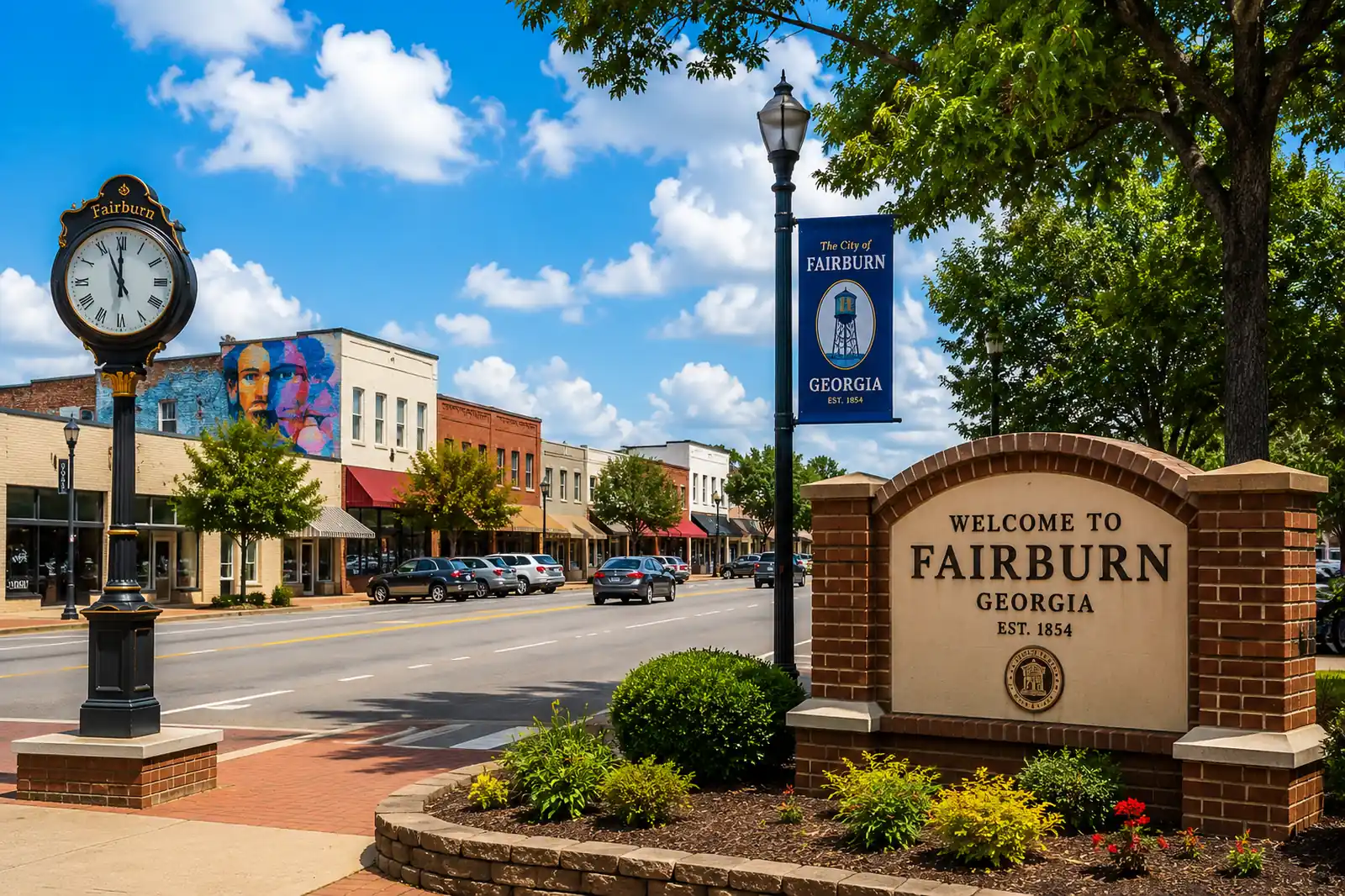 Historic storefronts along the downtown Fairburn, Georgia streetscape