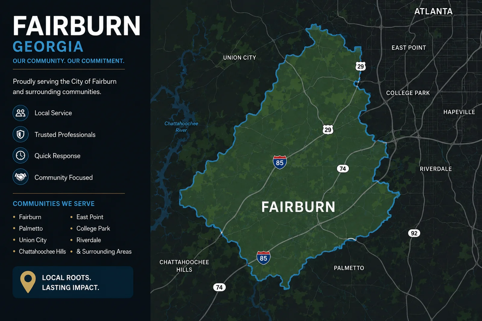 Service area map showing Fairburn, Georgia and surrounding communities served by local Fairburn movers