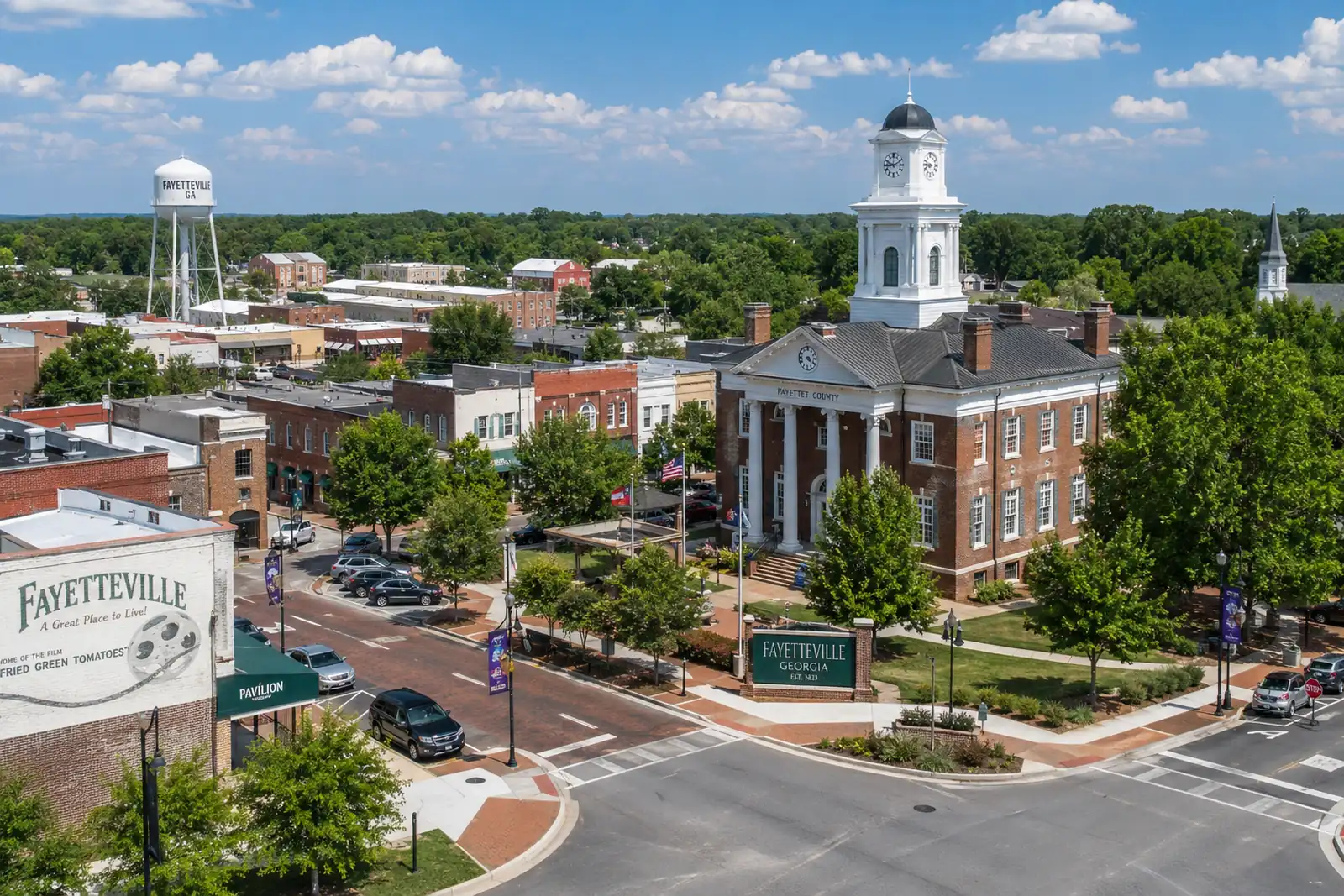 Downtown Fayetteville, Georgia historic square and courthouse area served by local Fayetteville movers