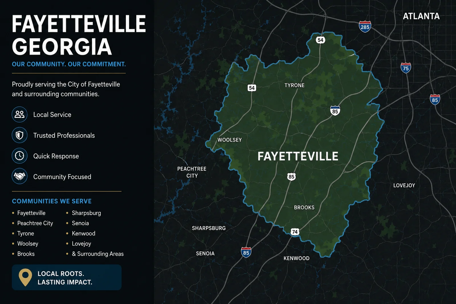 Fayetteville movers service area map showing Fayetteville, Tyrone, Brooks, Woolsey, and nearby Georgia communities
