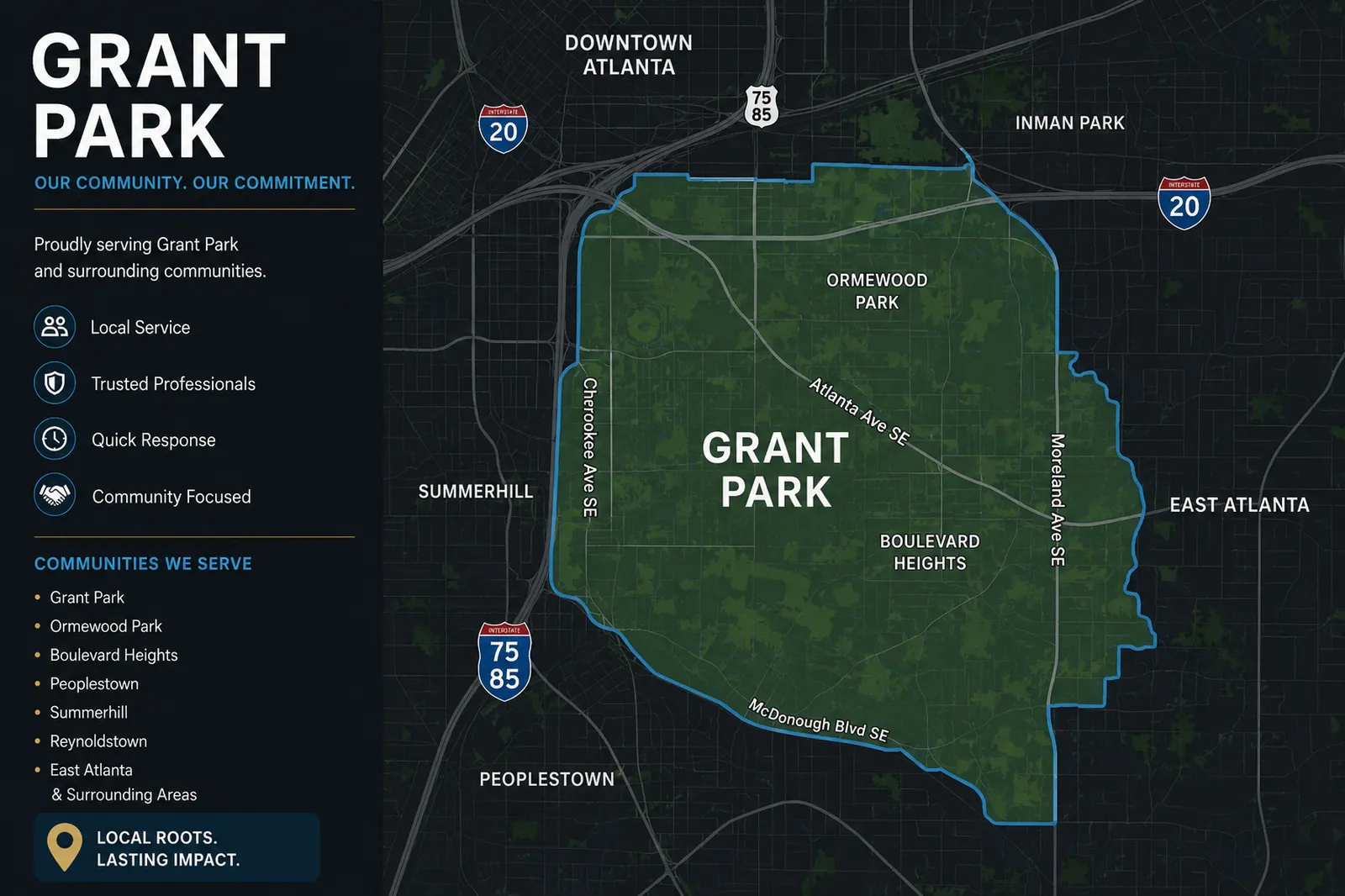 Grant Park Atlanta moving company service area map showing Grant Park, Ormewood Park, Boulevard Heights, Summerhill, and nearby Atlanta neighborhoods