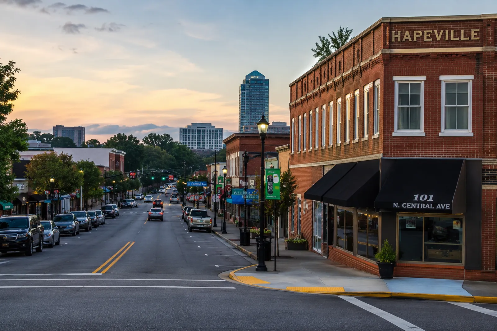 Local moving company service area in downtown Hapeville, Georgia, featuring businesses and Central Avenue streetscape