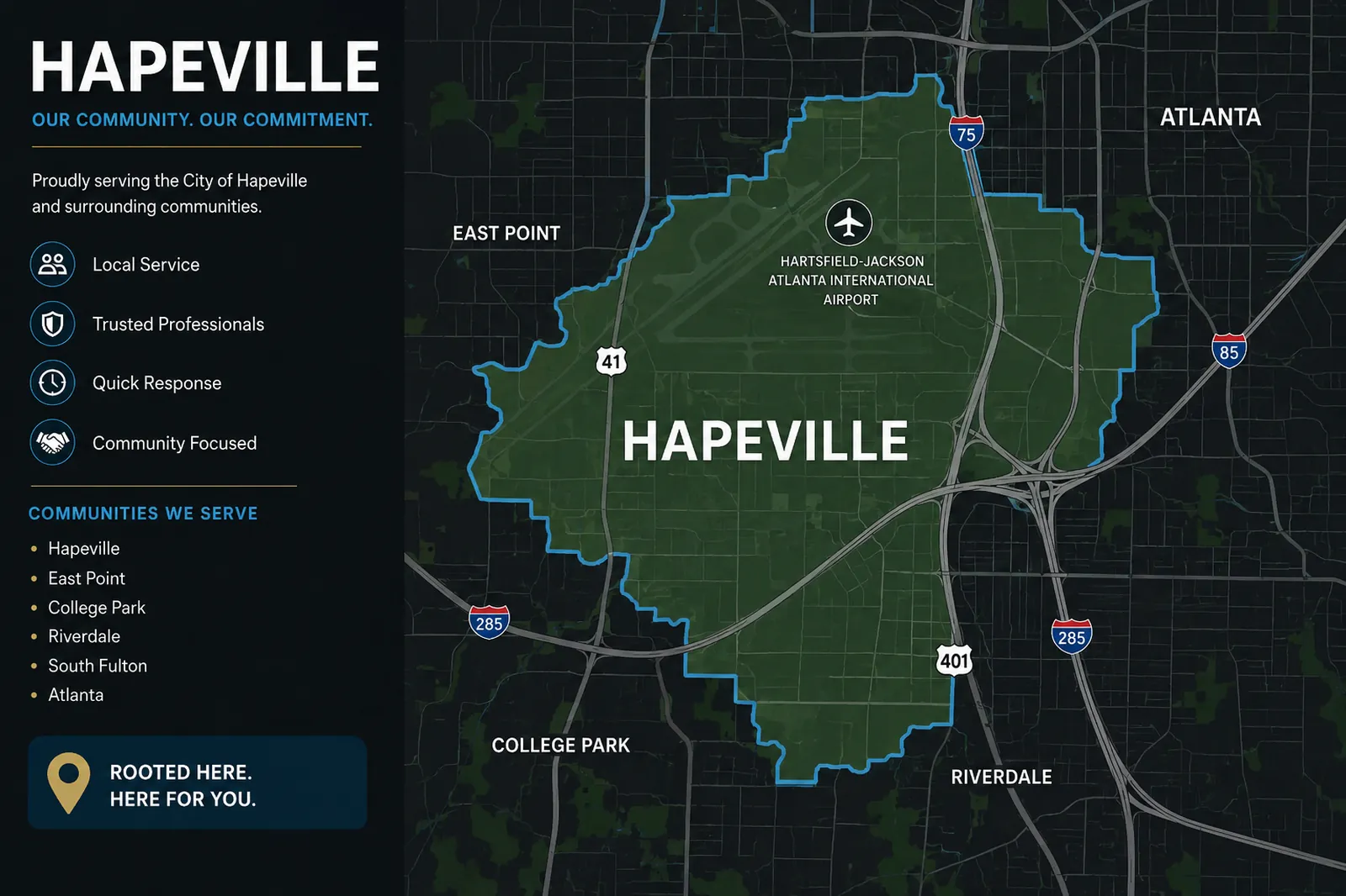 Service area map showing Hapeville, Georgia and surrounding communities served by local Hapeville movers