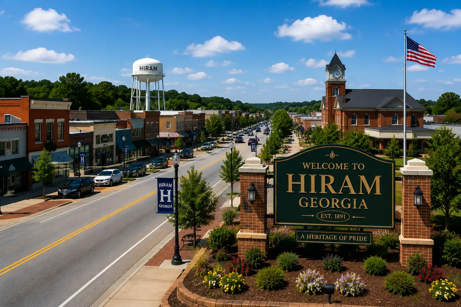 Downtown streetscape in Hiram, Georgia, highlighting the city center served by professional Hiram GA movers.