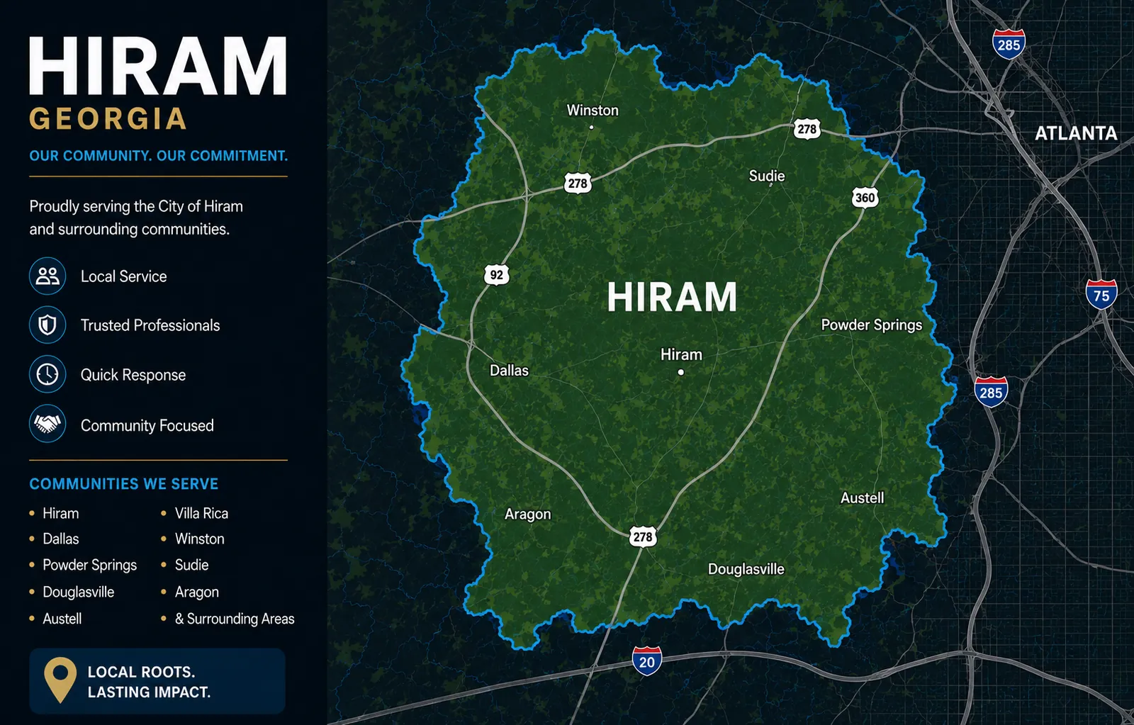 Service area map highlighting Hiram, Georgia and nearby communities served by a professional Hiram GA moving company