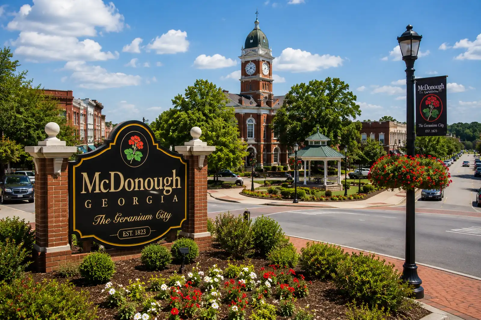 Historic courthouse square surrounded by landscaped streets and brick storefronts in McDonough.