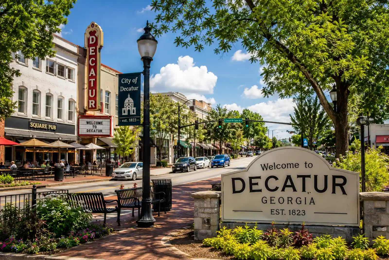 Historic downtown streetscape with storefronts, mature trees, and pedestrian-friendly sidewalks in Decatur.