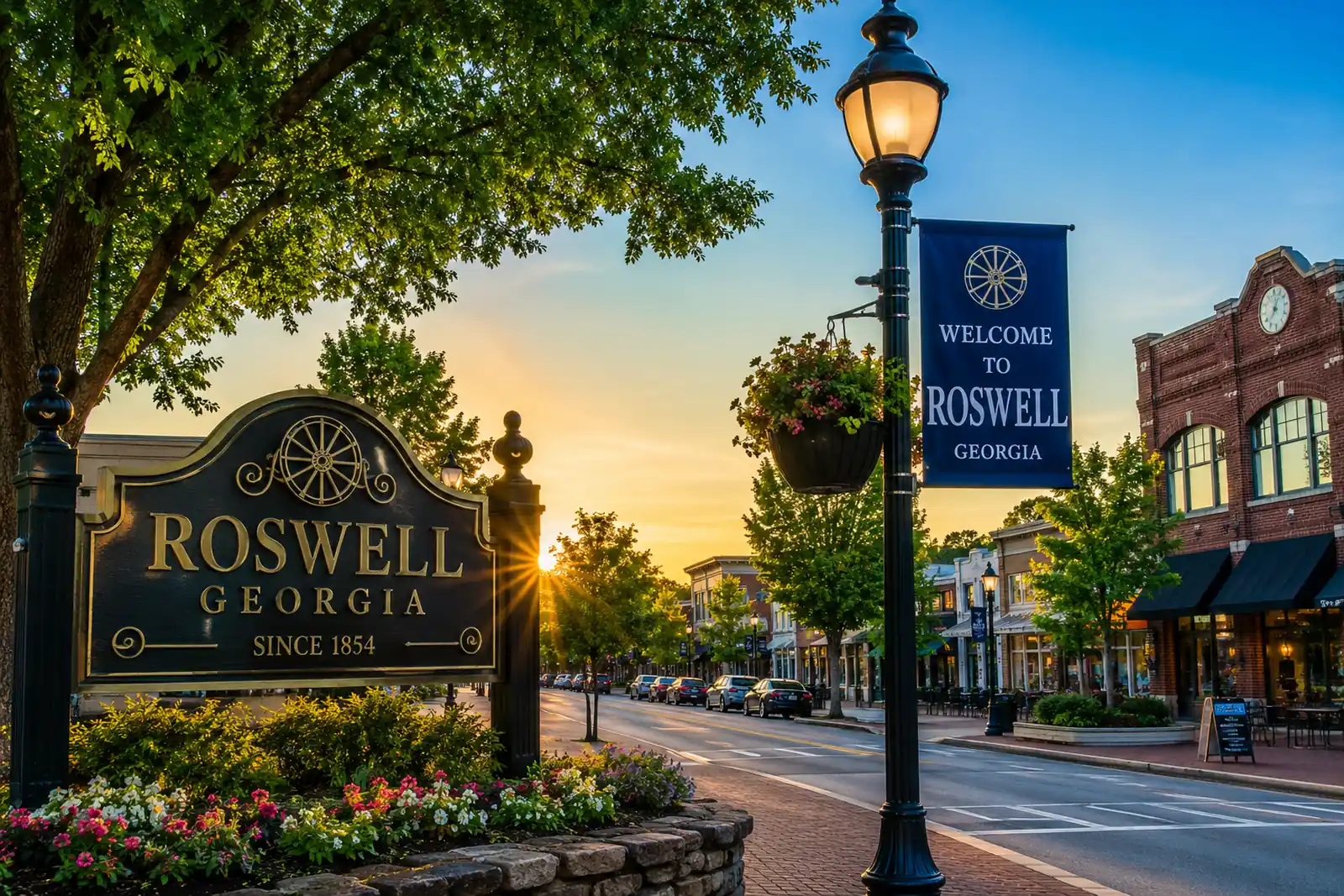 Historic downtown streetscape with Roswell welcome signs, storefronts, and trees in Roswell, Georgia.