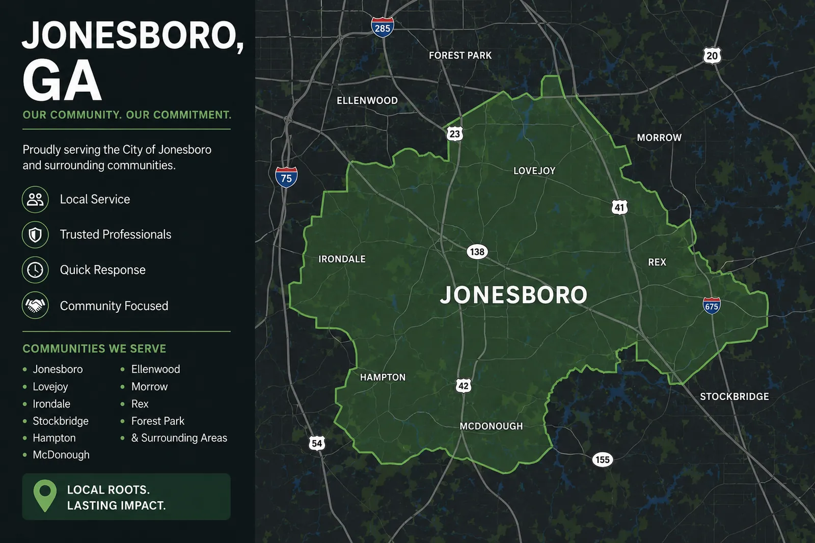 Service area map showing Jonesboro, Georgia movers coverage across Jonesboro, Morrow, Lovejoy, Hampton, and surrounding communities