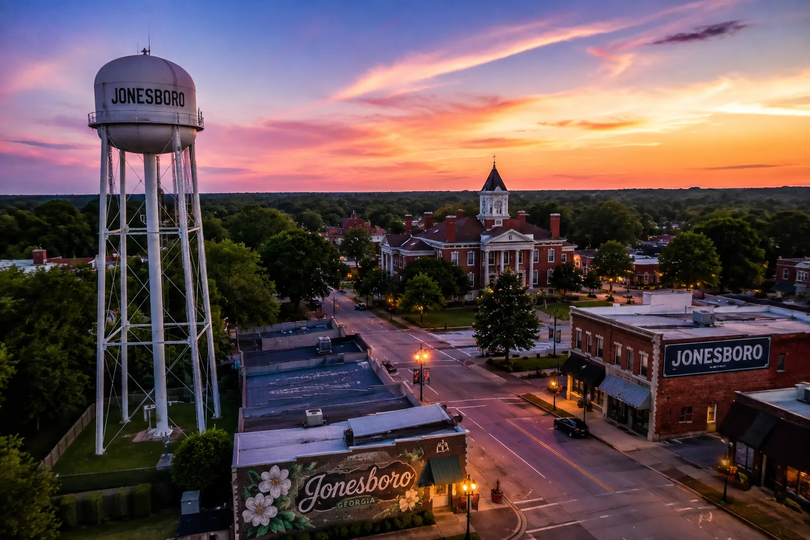 Downtown Jonesboro, Georgia, with historic depot and courthouse-square streetscape in the area served by LIOO Moving's Jonesboro movers
