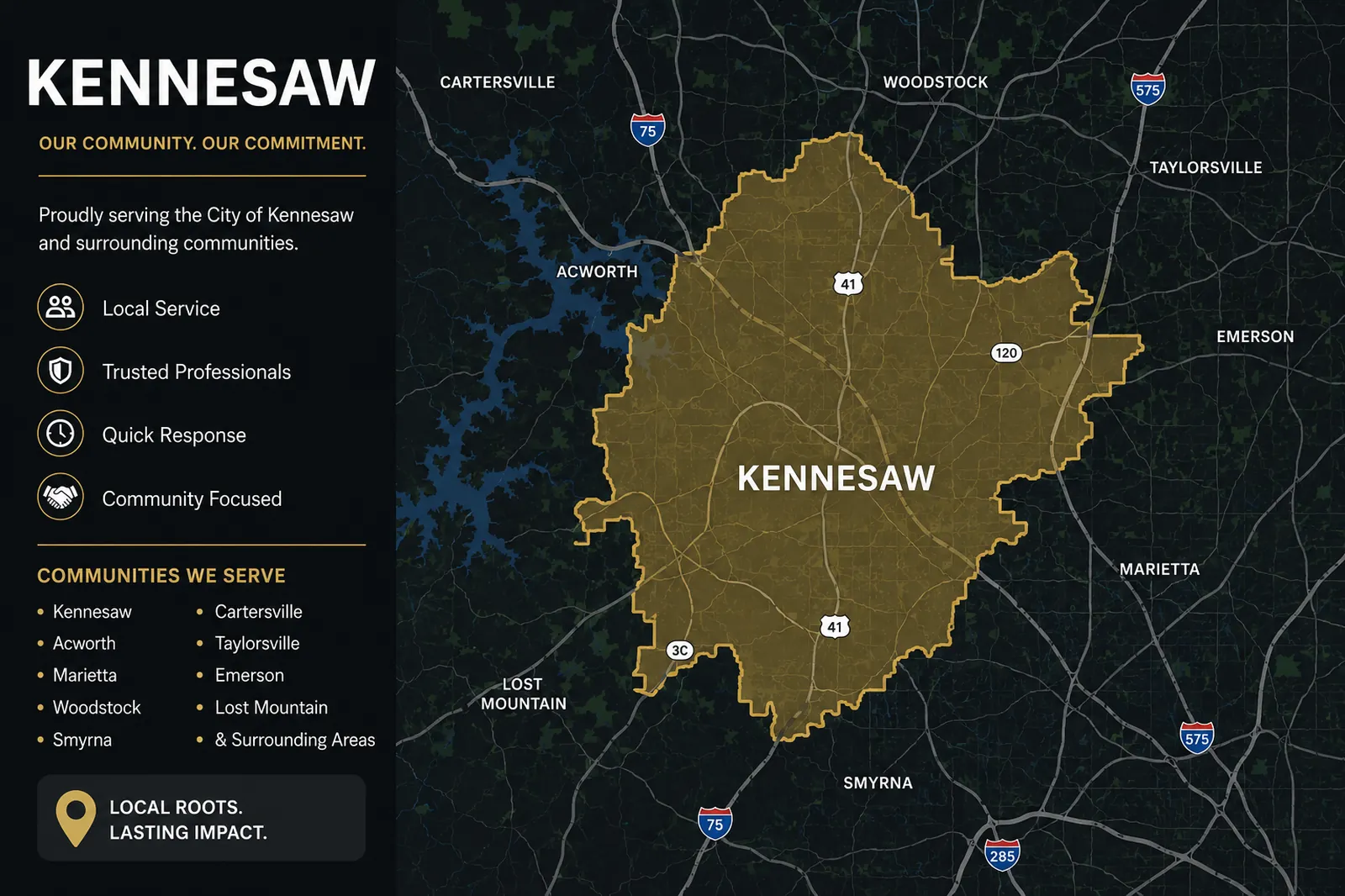 Kennesaw movers service area map showing Kennesaw, Acworth, Marietta, Woodstock, and nearby Georgia communities