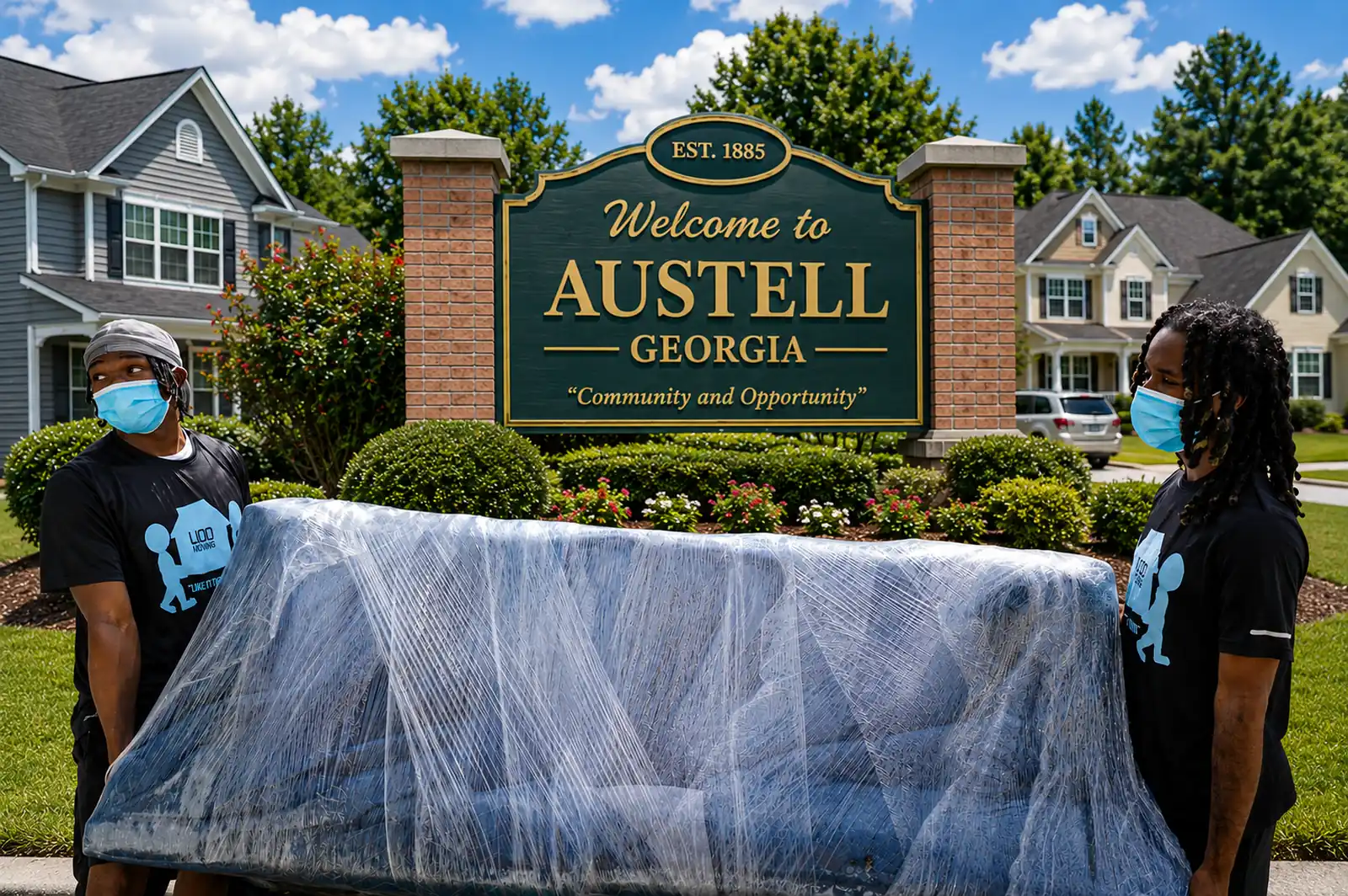 LIOO Moving crew carrying shrink-wrapped furniture during a residential move in Austell, Georgia
