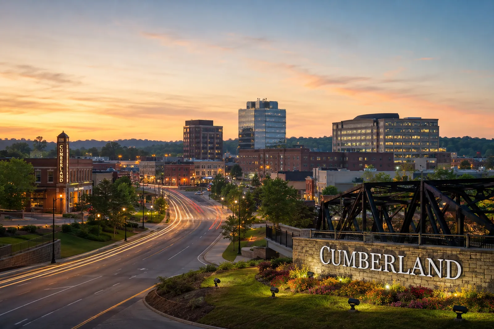 Cumberland Georgia skyline and commercial district at sunset near Cobb Galleria