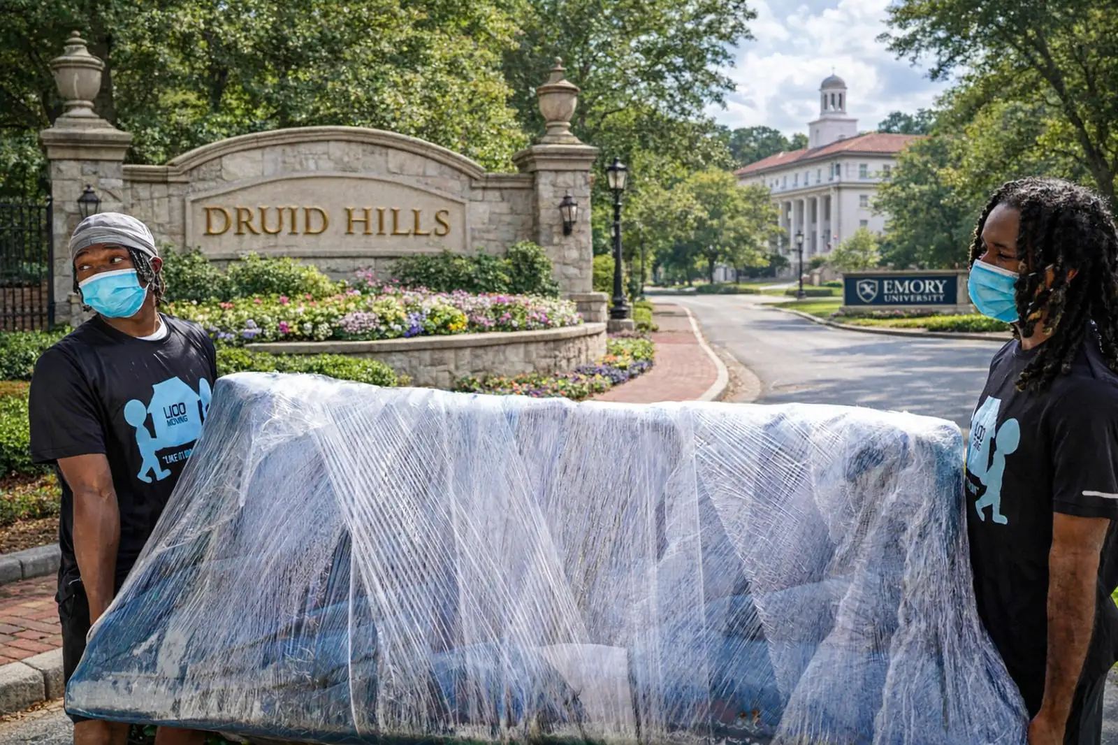 LIOO Moving crew wrapping and carrying furniture near Emory University in Druid Hills, Georgia