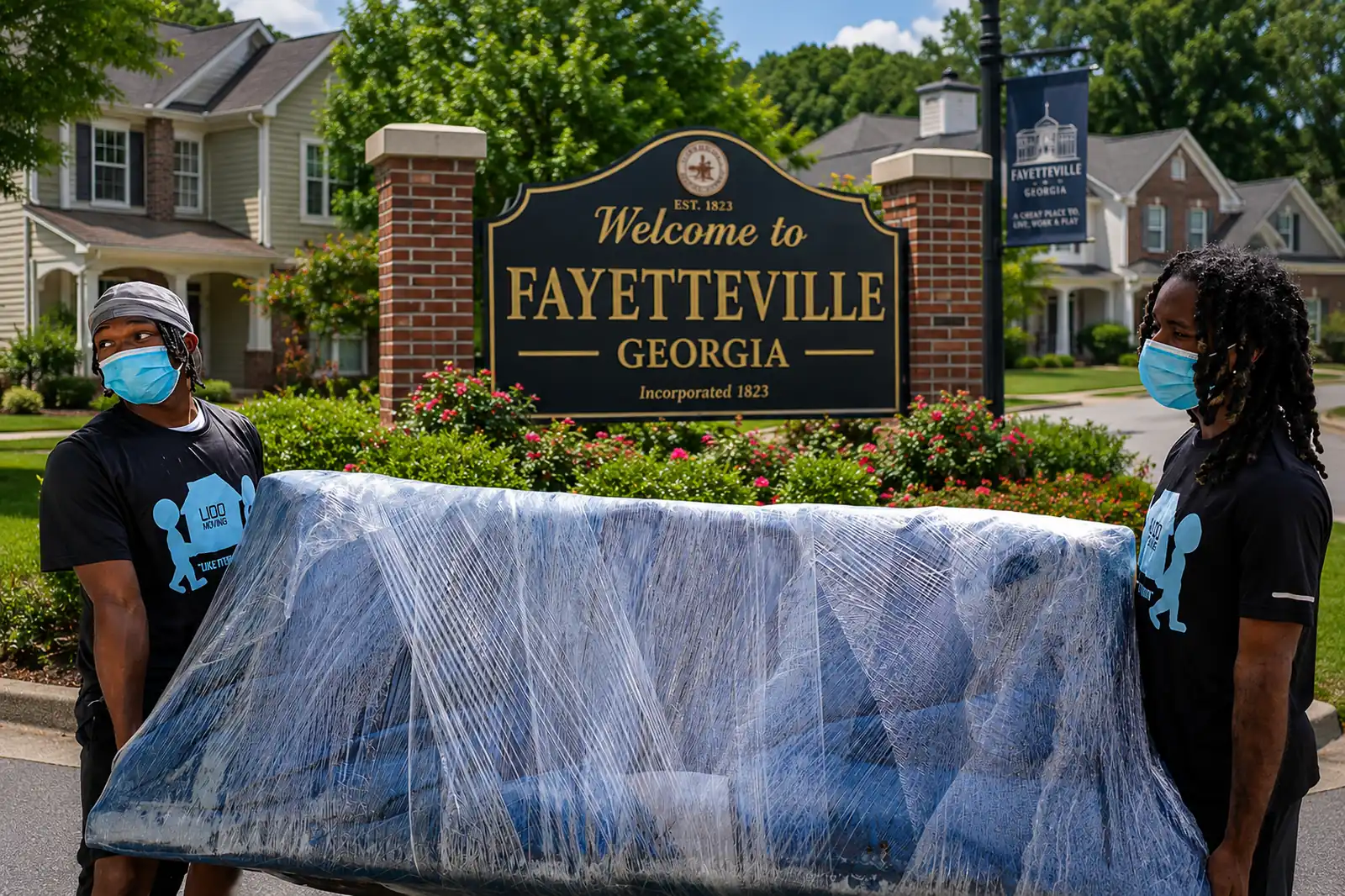 LIOO Moving crew carrying shrink-wrapped furniture during a residential move in Fayetteville, Georgia