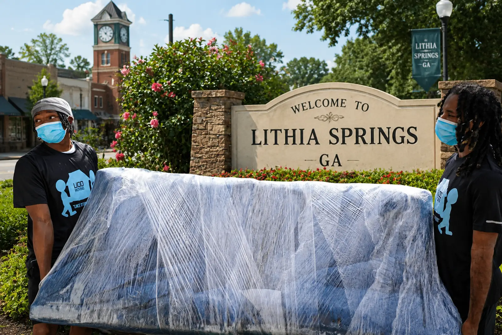 LIOO Moving crew carrying shrink-wrapped furniture during a residential move in Lithia Springs, Georgia